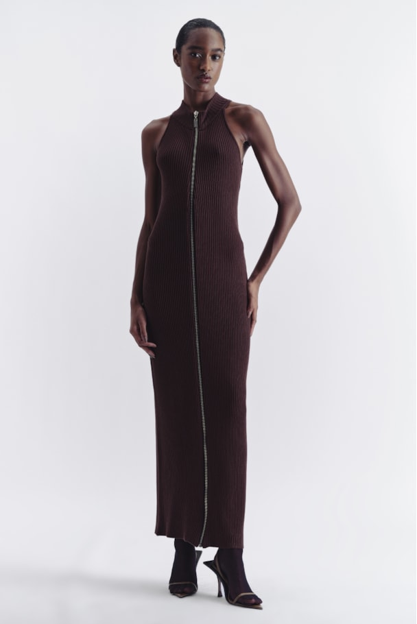 VESTIDO TRICOT ZIPER - MARROM